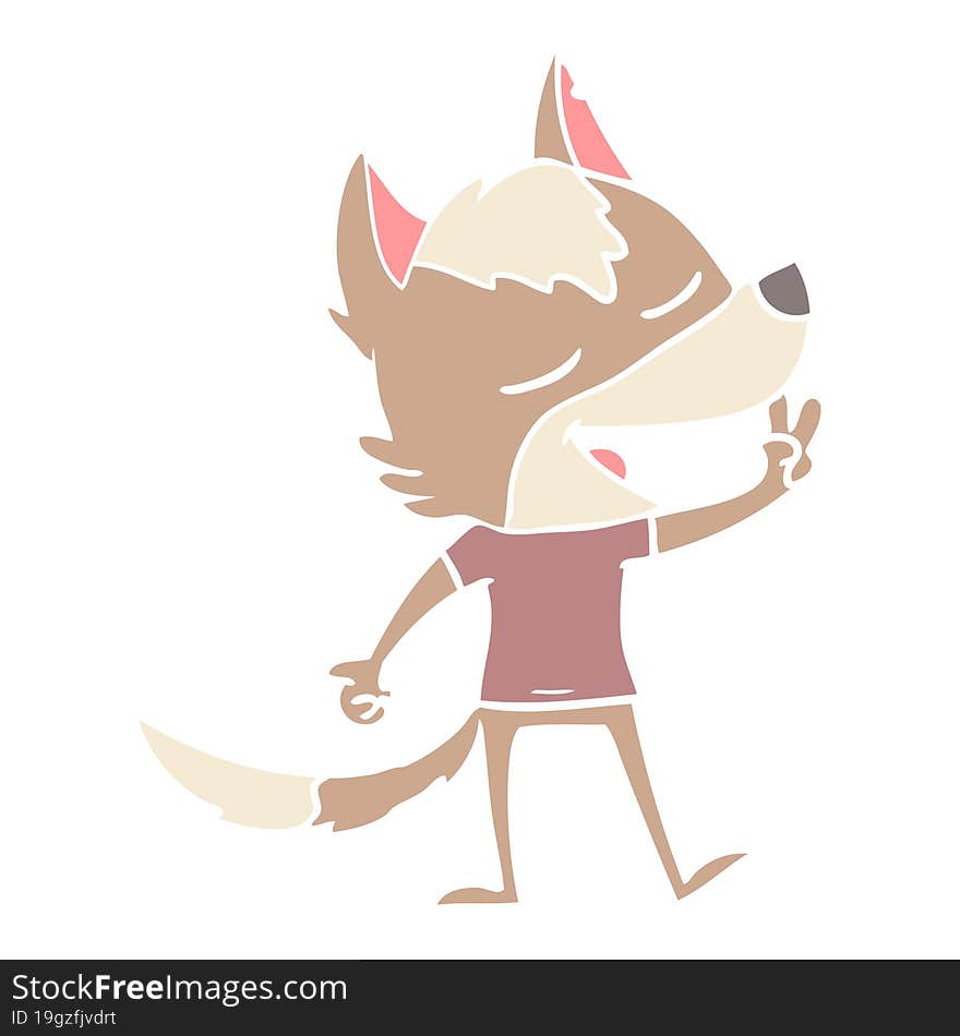 flat color style cartoon wolf giving peace sign