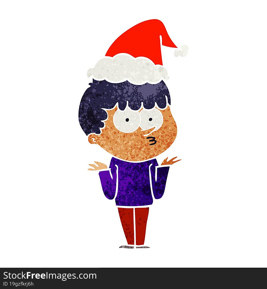 Retro Cartoon Of A Curious Boy Shrugging Shoulders Wearing Santa Hat