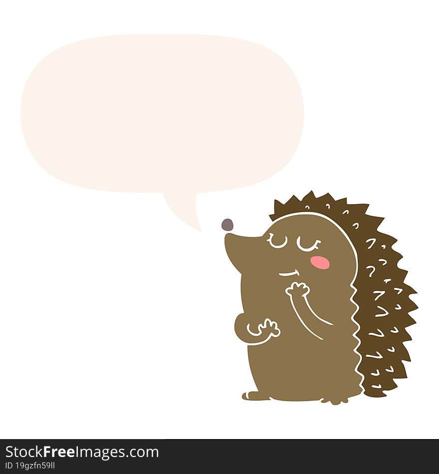 cute cartoon hedgehog and speech bubble in retro style