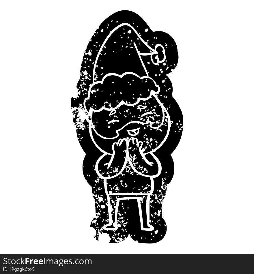 cartoon distressed icon of a happy bearded man wearing santa hat