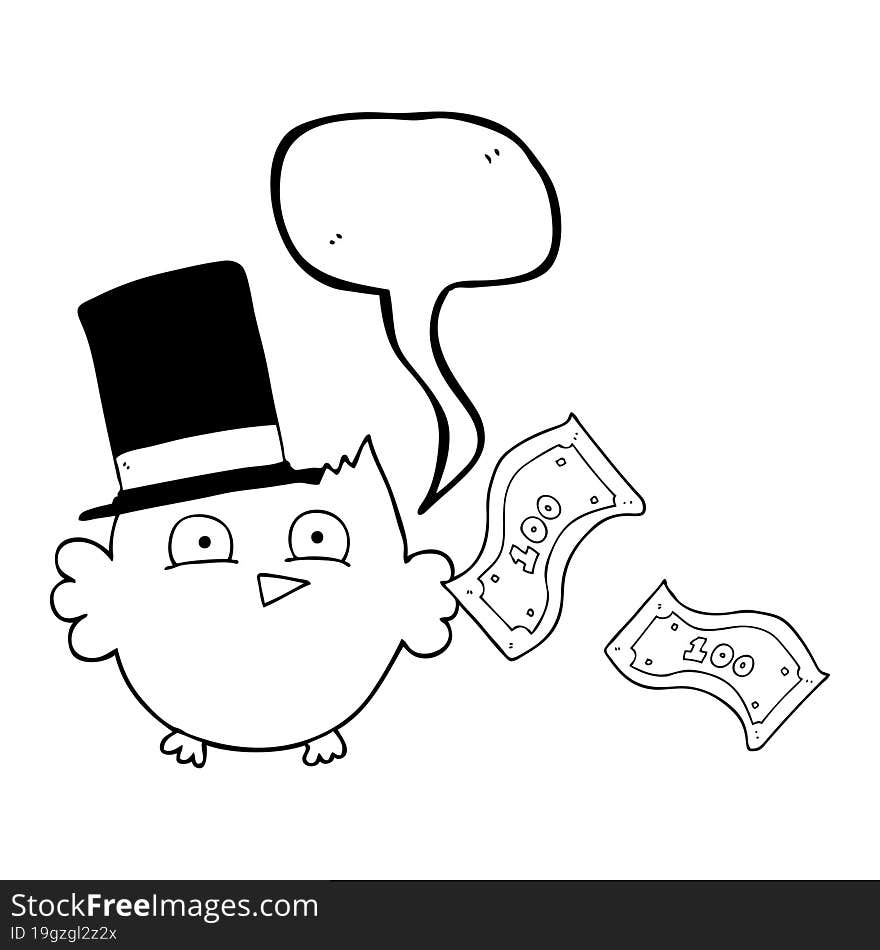 speech bubble cartoon wealthy little owl with top hat