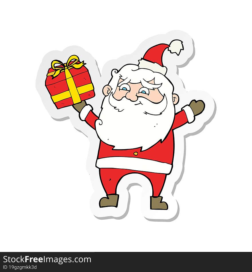 Sticker Of A Cartoon Happy Santa Claus With Present