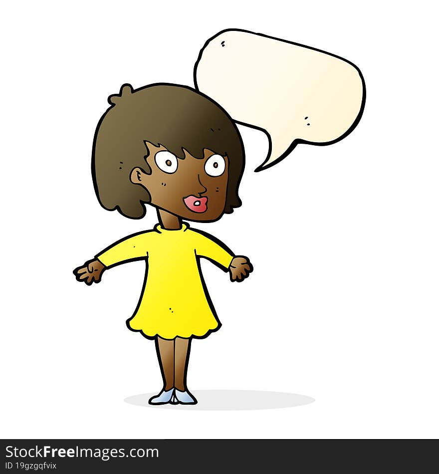 cartoon woman wearing dress with speech bubble