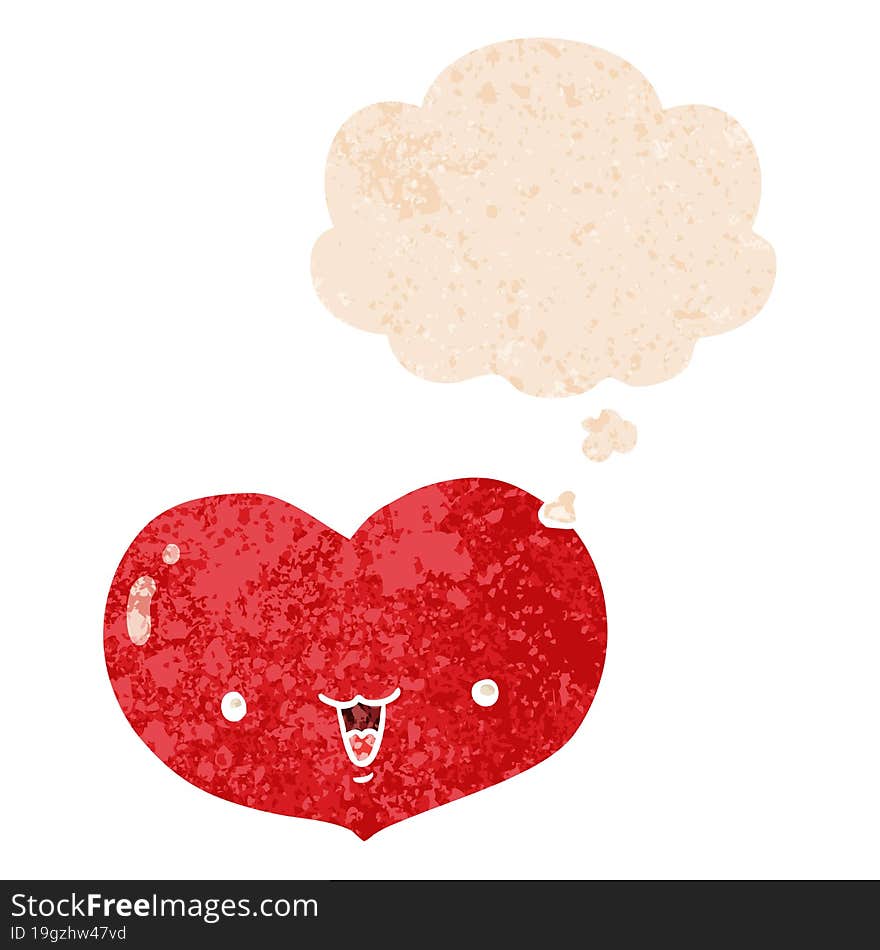 cartoon love heart character and thought bubble in retro textured style