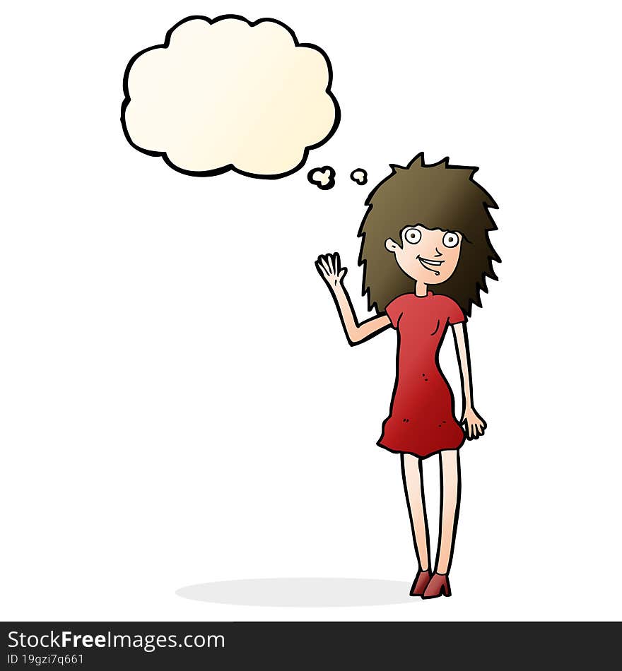 cartoon happy woman waving with thought bubble