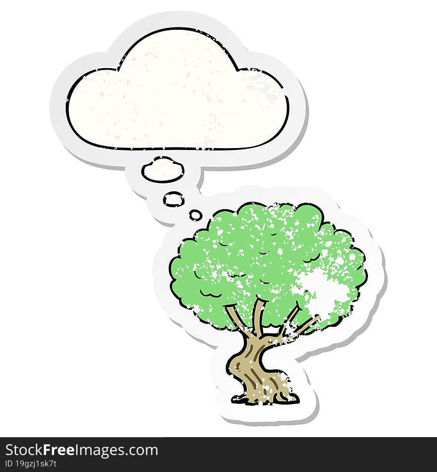 cartoon tree and thought bubble as a distressed worn sticker