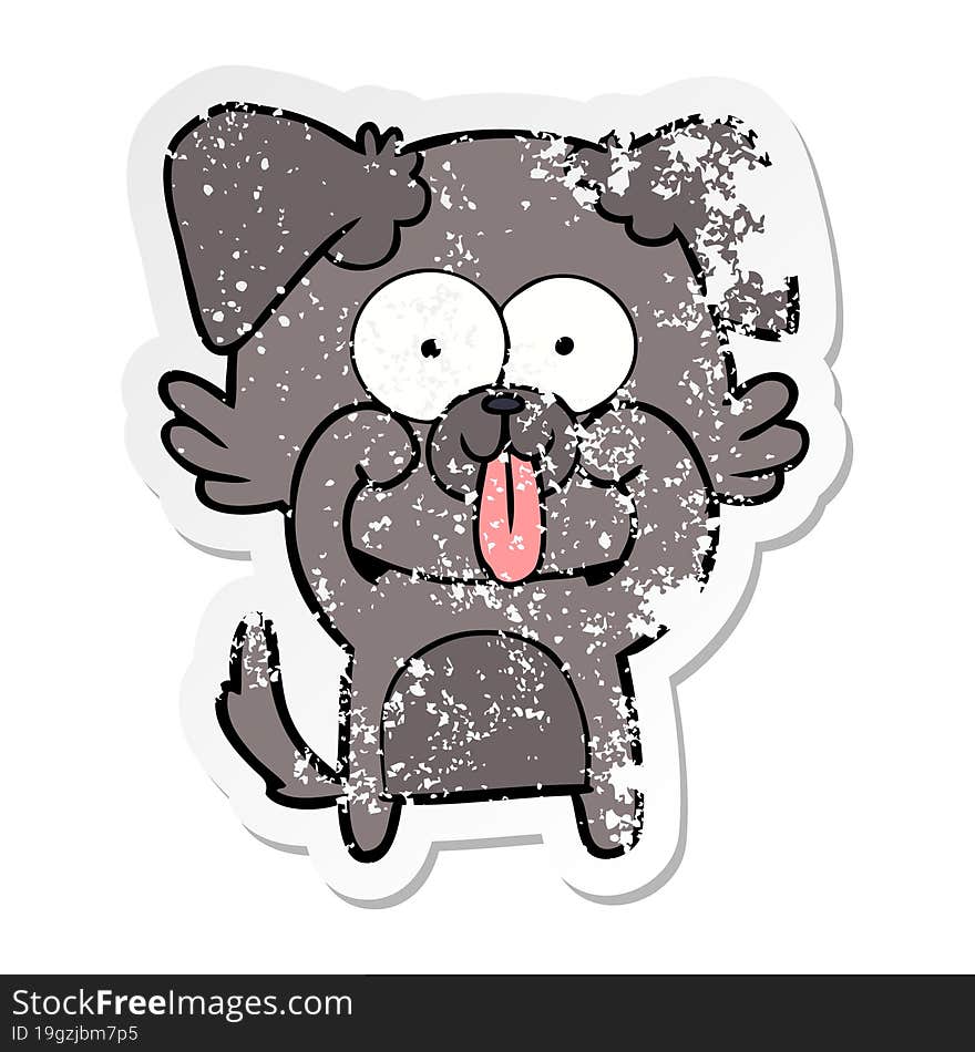 distressed sticker of a cartoon dog with tongue sticking out