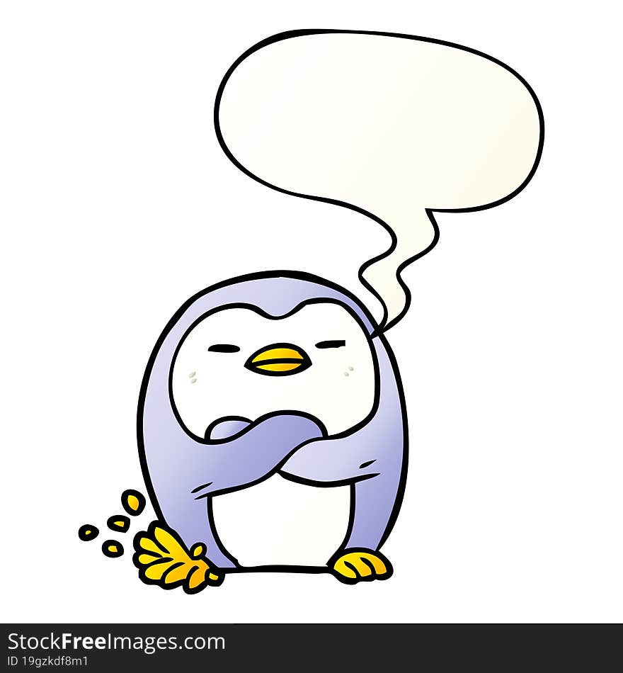 cartoon penguin tapping foot with speech bubble in smooth gradient style