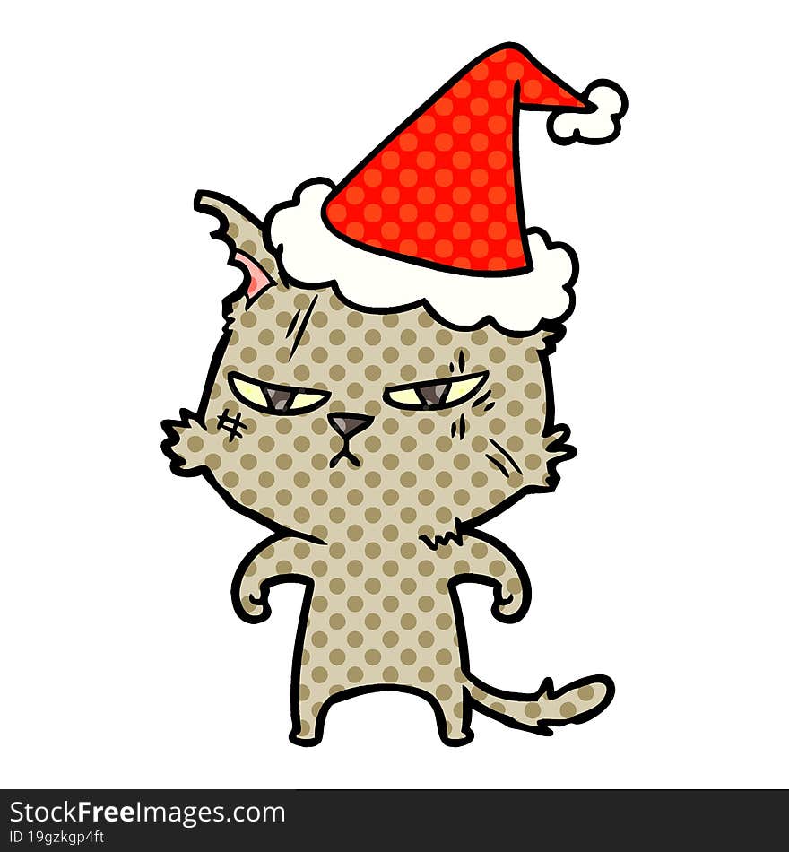 tough comic book style illustration of a cat wearing santa hat