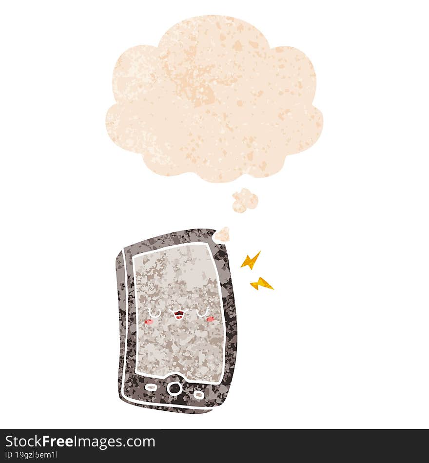 Cute Cartoon Mobile Phone And Thought Bubble In Retro Textured Style