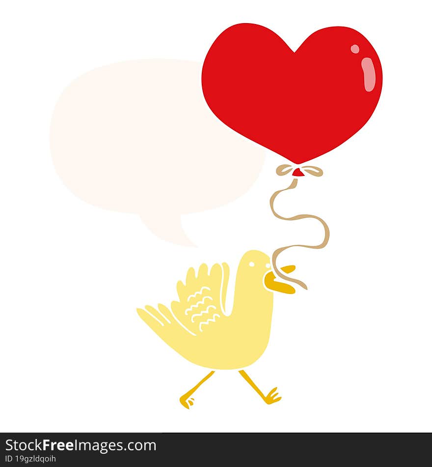 cartoon bird and heart balloon and speech bubble in retro style