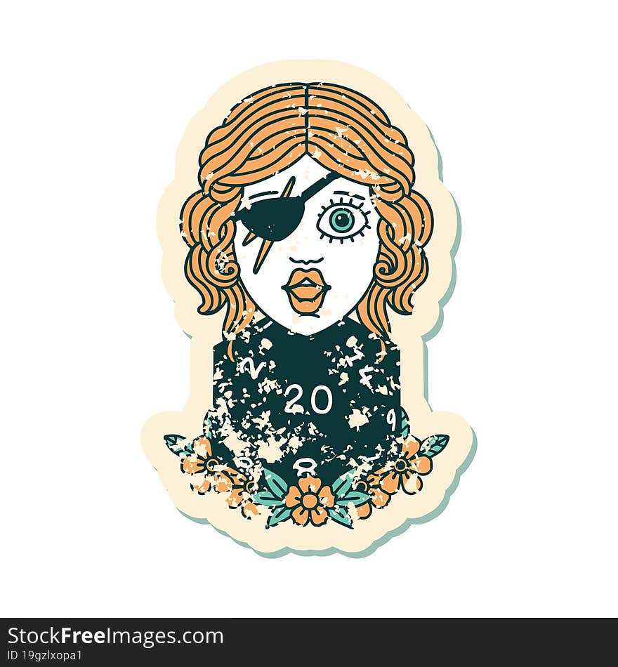 grunge sticker of a human rogue with natural twenty dice roll. grunge sticker of a human rogue with natural twenty dice roll