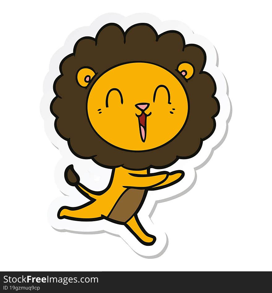 sticker of a laughing lion cartoon running