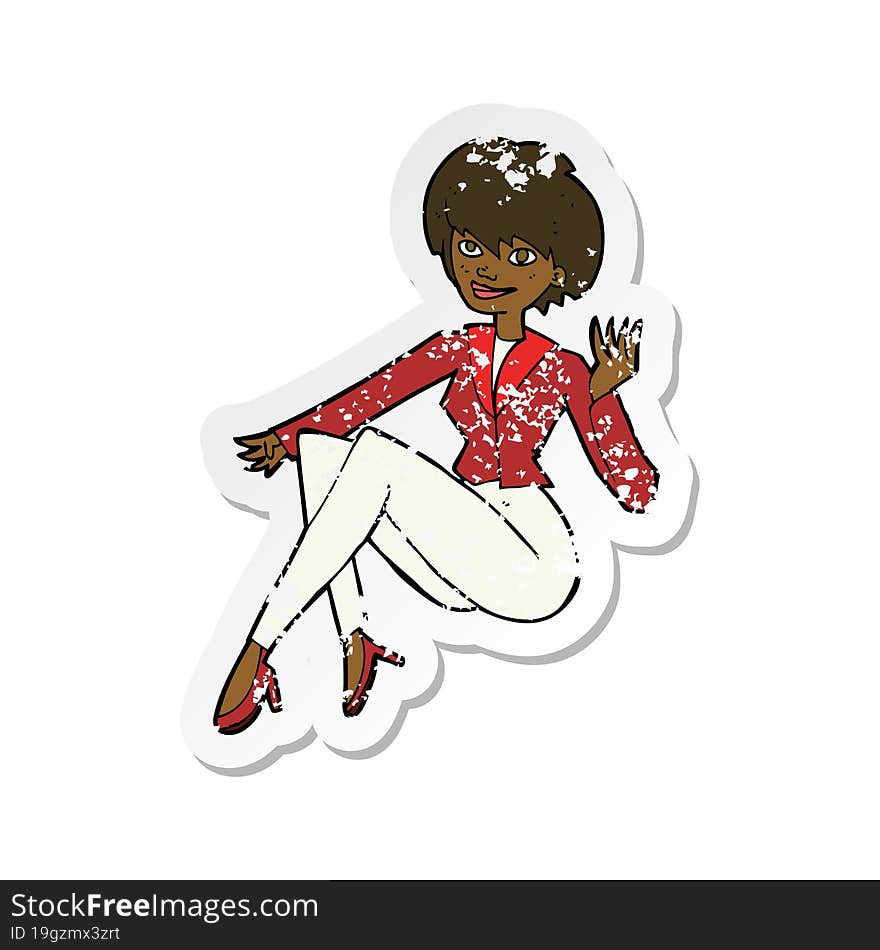 retro distressed sticker of a cartoon businesswoman sitting