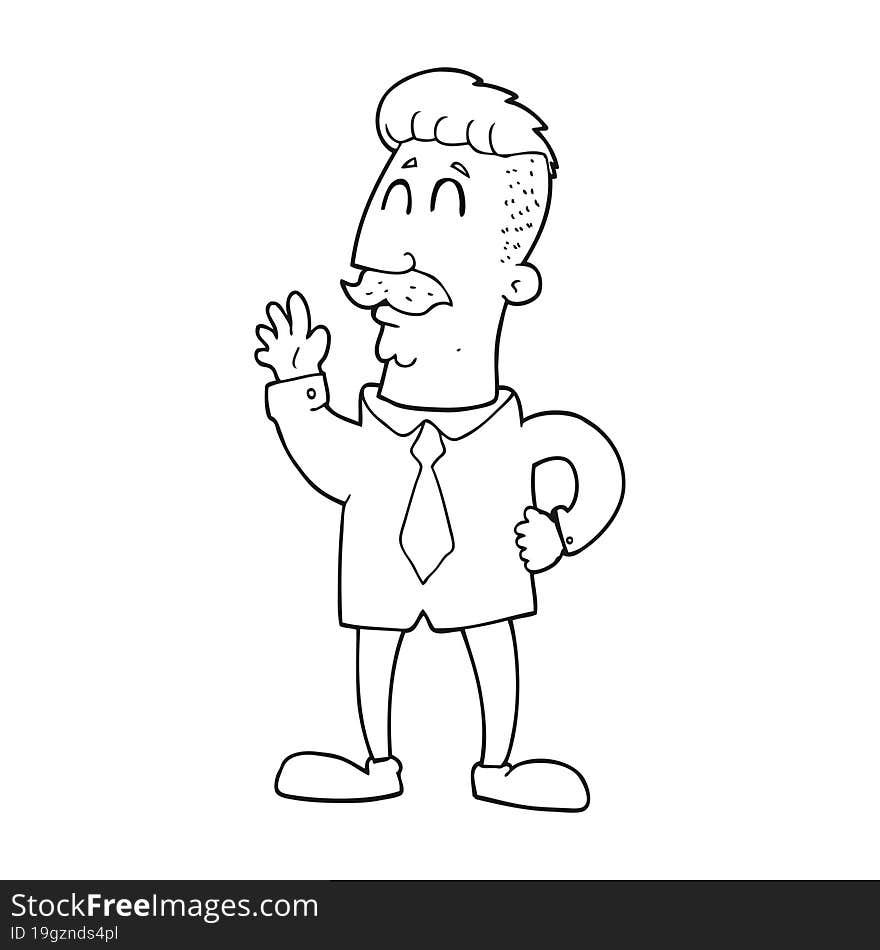 black and white cartoon office man waving