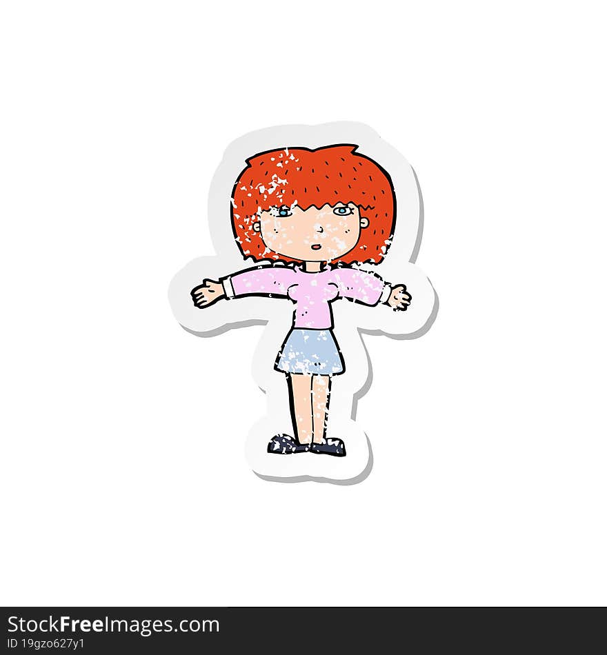 retro distressed sticker of a cartoon woman shrugging shoulders