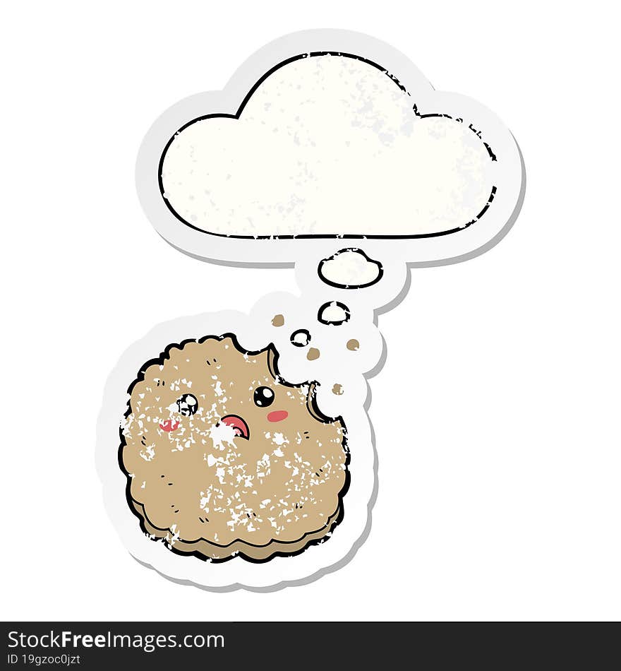 cartoon biscuit and thought bubble as a distressed worn sticker