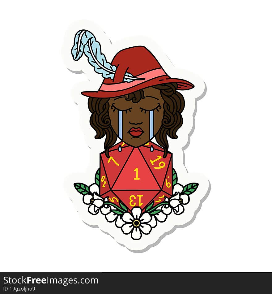 crying human bard with natural one D20 dice roll sticker