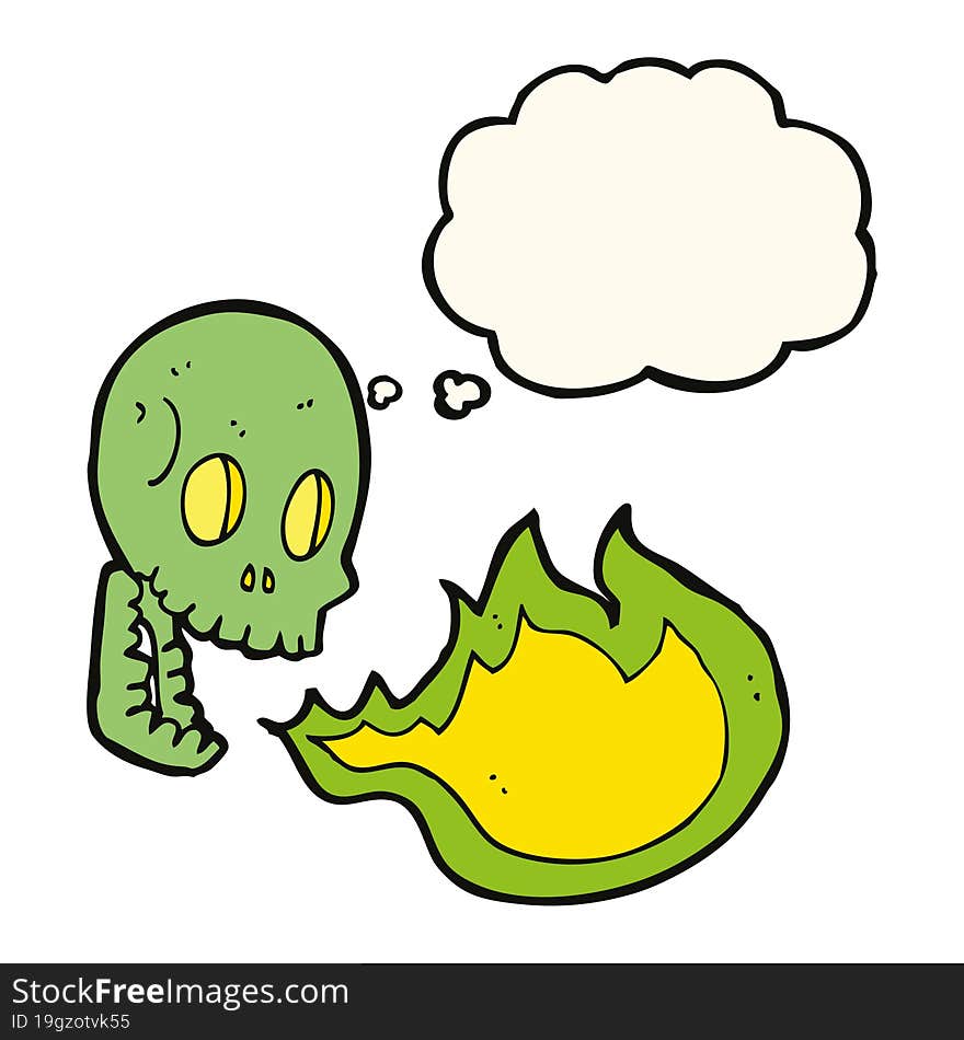 cartoon fire breathing skull with thought bubble