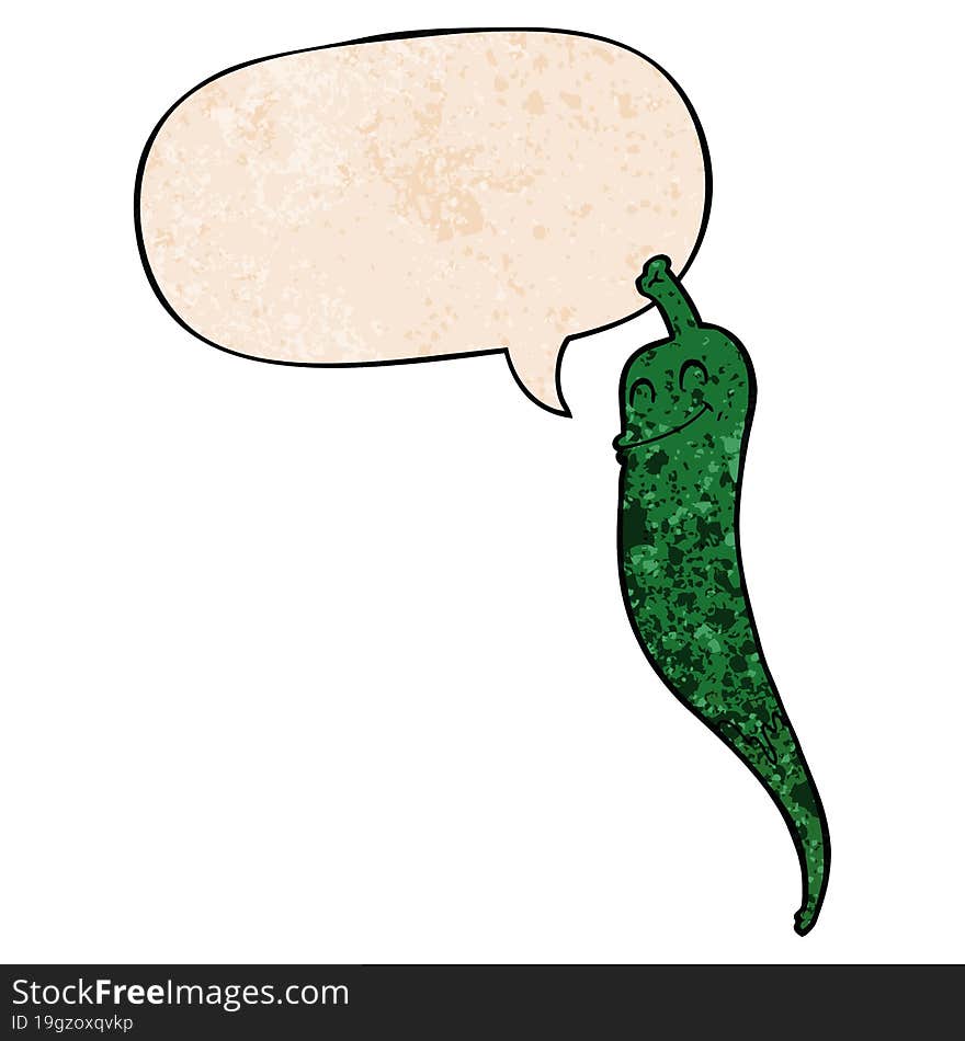 cartoon chili pepper and speech bubble in retro texture style