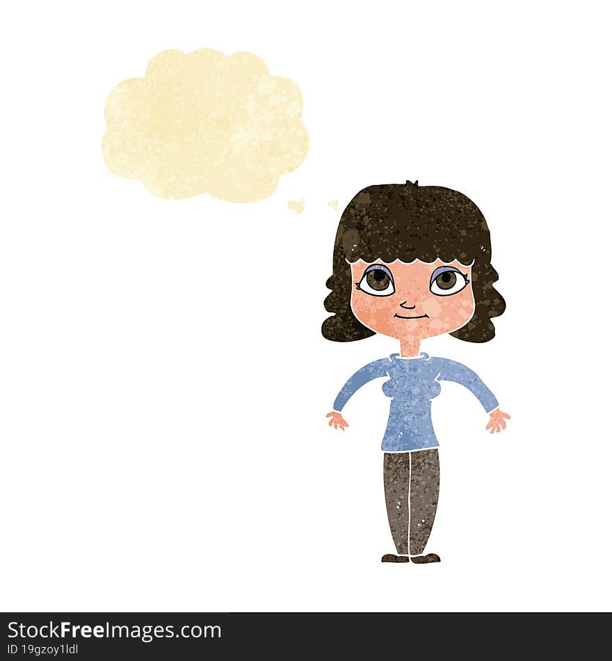 cartoon woman shrugging shoulders with thought bubble