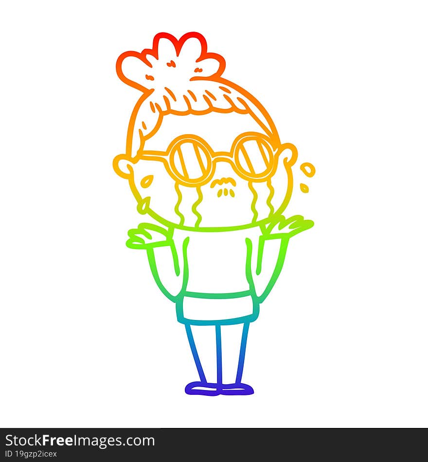 rainbow gradient line drawing cartoon crying woman wearing spectacles