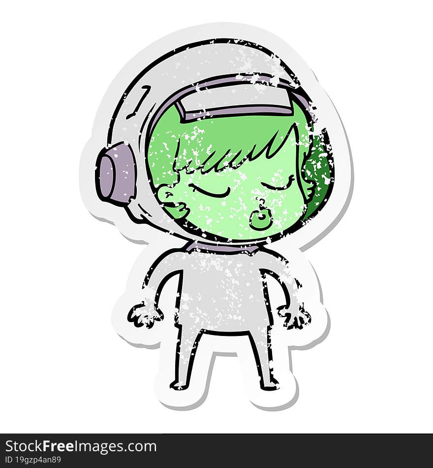 distressed sticker of a cartoon pretty astronaut girl