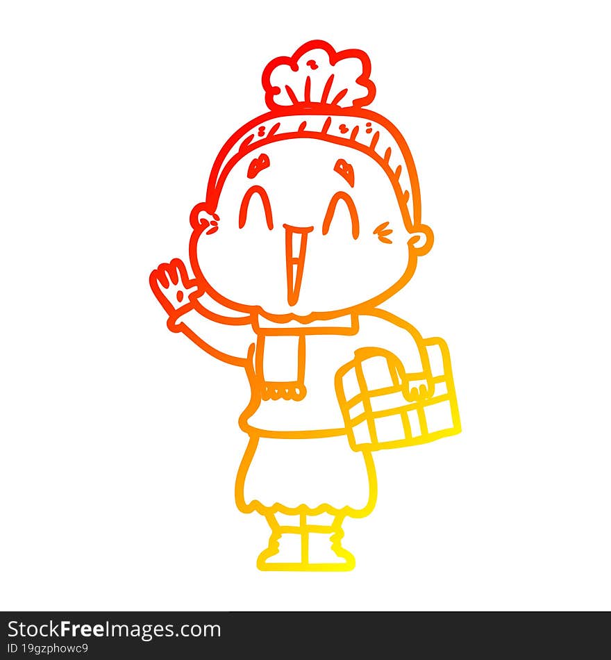 warm gradient line drawing of a cartoon happy old lady