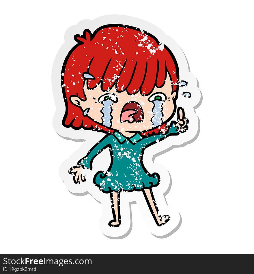 distressed sticker of a cartoon girl crying