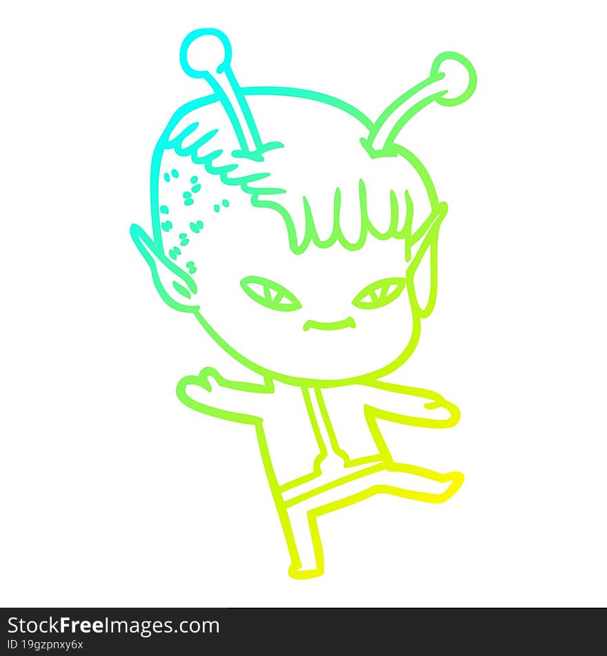 cold gradient line drawing of a cute cartoon alien girl