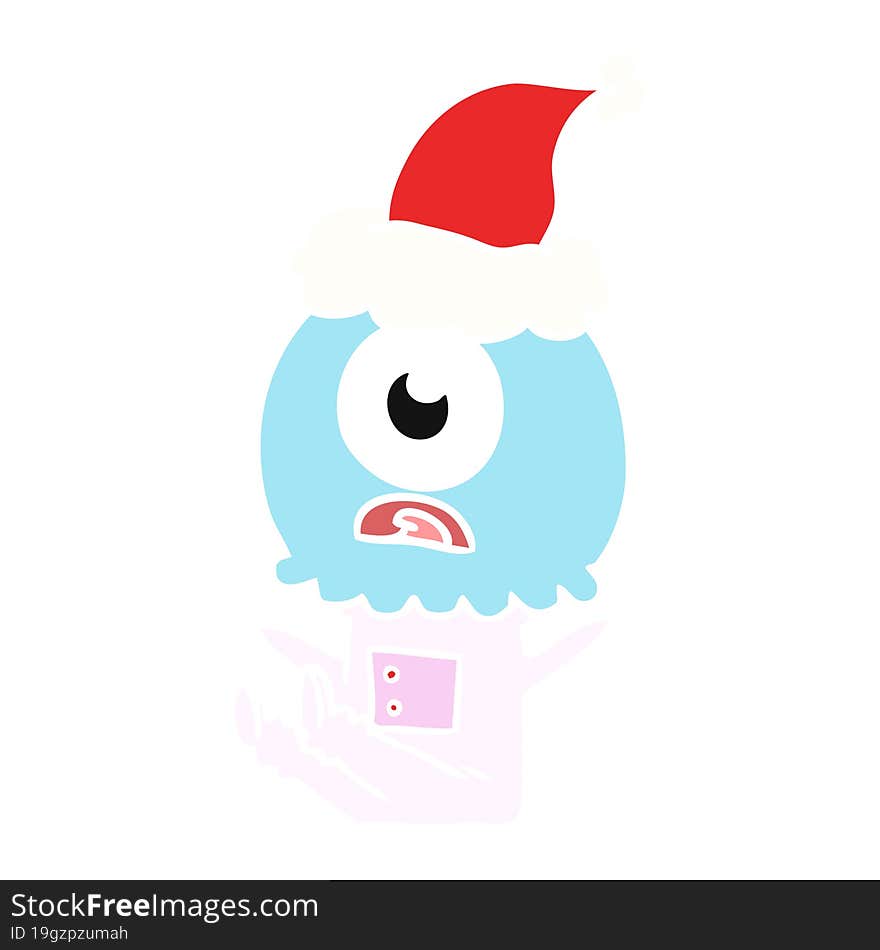 hand drawn flat color illustration of a cyclops alien spaceman wearing santa hat