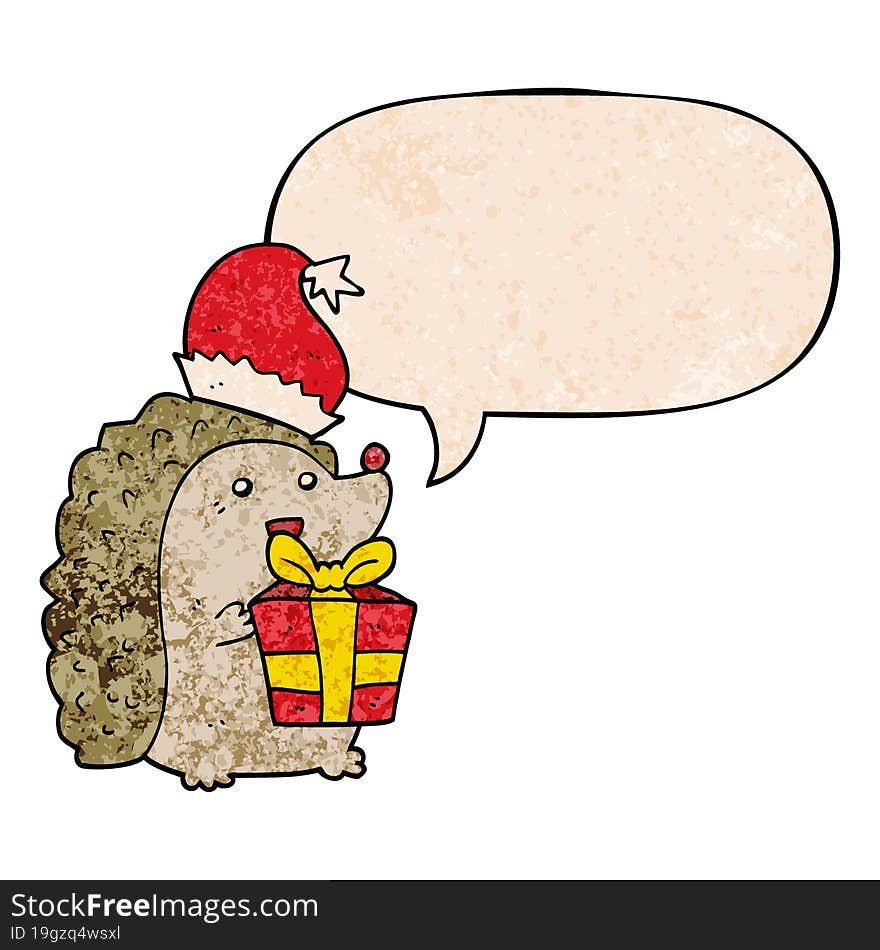 cartoon hedgehog wearing christmas hat and speech bubble in retro texture style