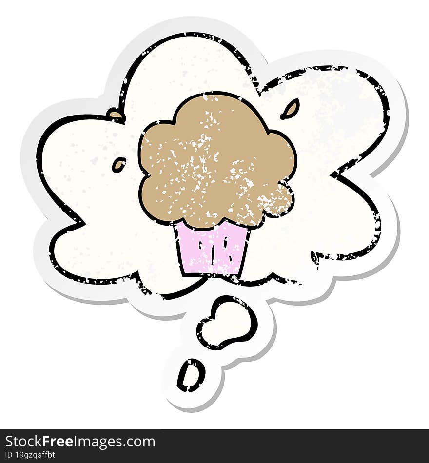 cartoon cupcake and thought bubble as a distressed worn sticker