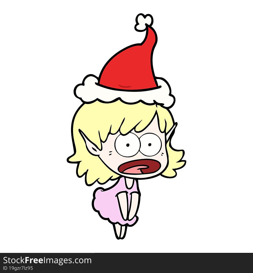 line drawing of a shocked elf girl wearing santa hat