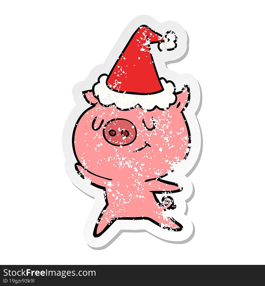 happy distressed sticker cartoon of a pig wearing santa hat