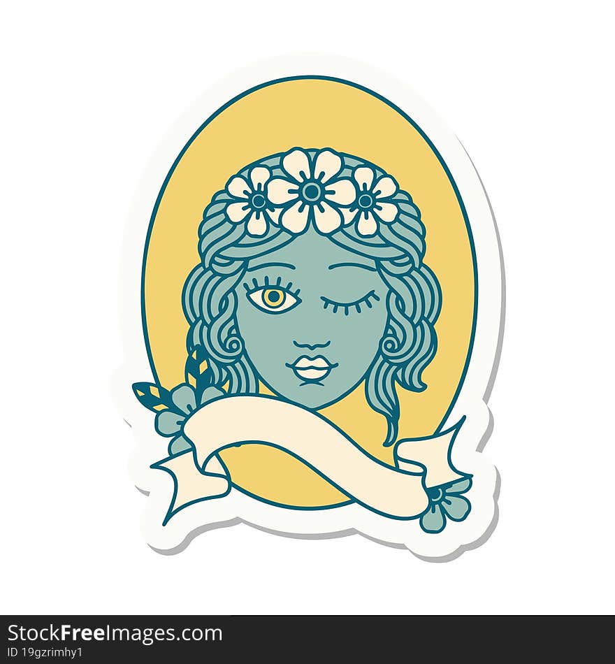 tattoo style sticker with banner of a maiden with crown of flowers winking