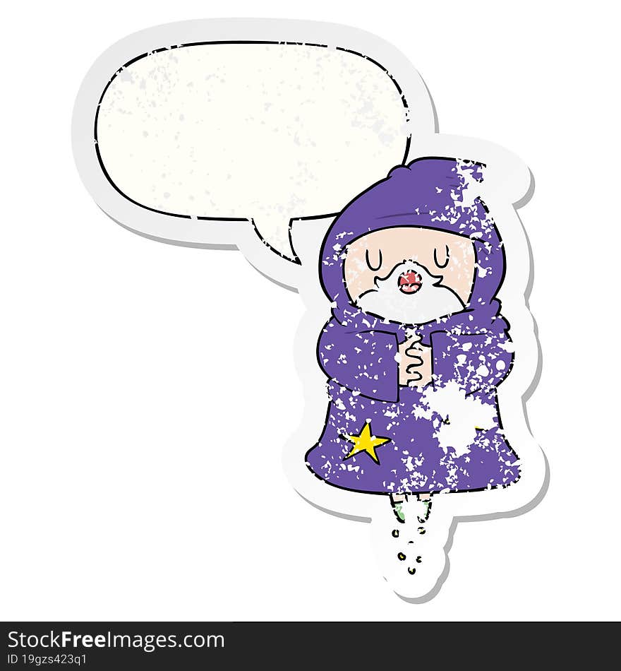 cartoon floating wizard with speech bubble distressed distressed old sticker. cartoon floating wizard with speech bubble distressed distressed old sticker