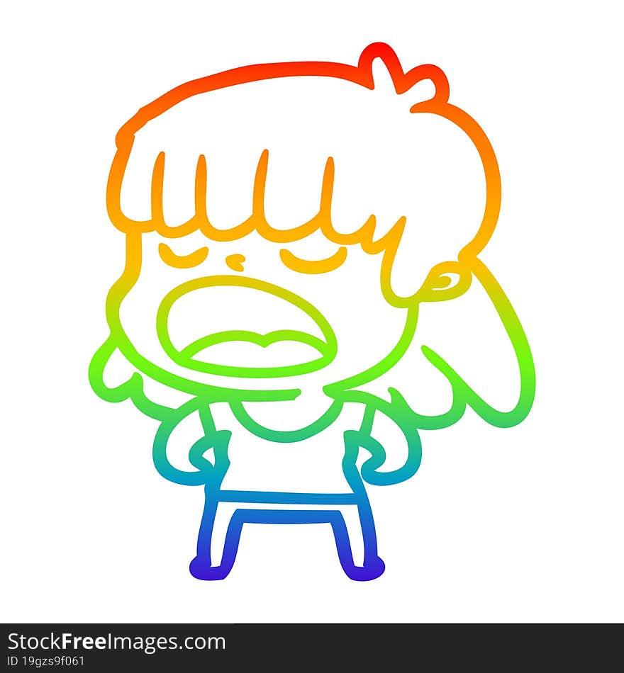 rainbow gradient line drawing cartoon woman talking loudly