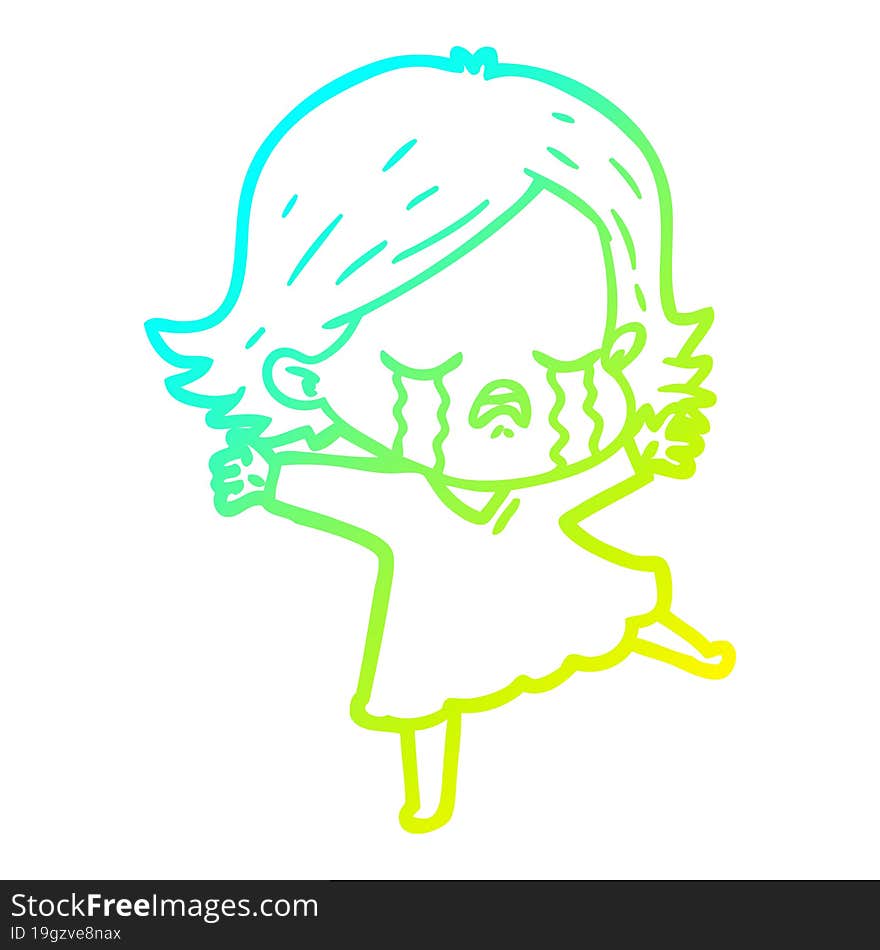 cold gradient line drawing of a cartoon girl crying