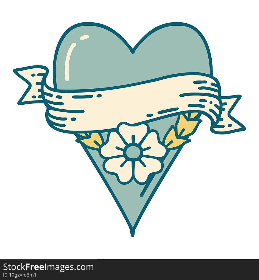 tattoo style icon of a heart flower and banner