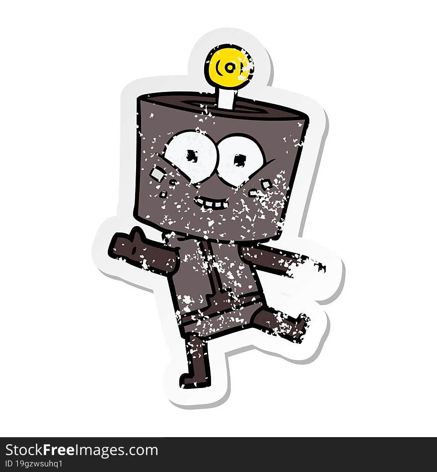 distressed sticker of a happy cartoon robot dancing