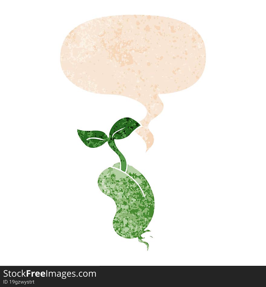 cartoon sprouting seed and speech bubble in retro textured style