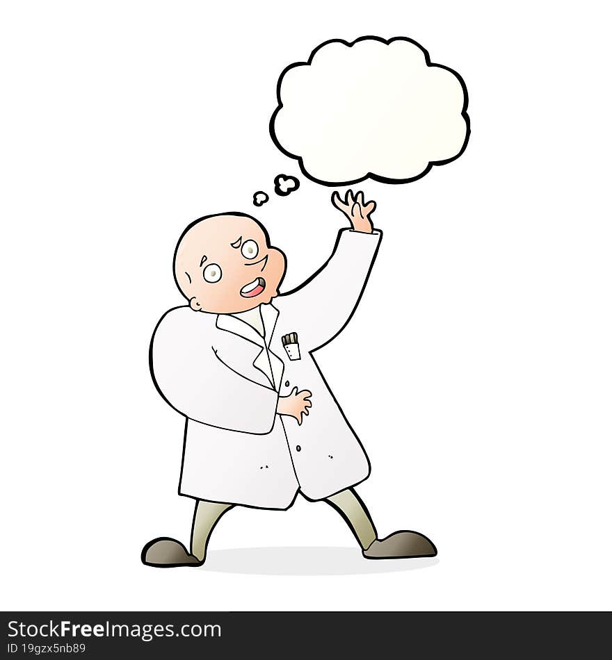 cartoon mad scientist with thought bubble