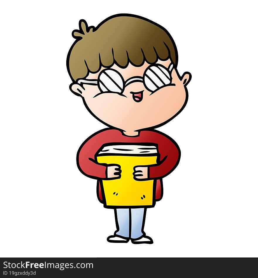 cartoon boy wearing spectacles carrying book. cartoon boy wearing spectacles carrying book