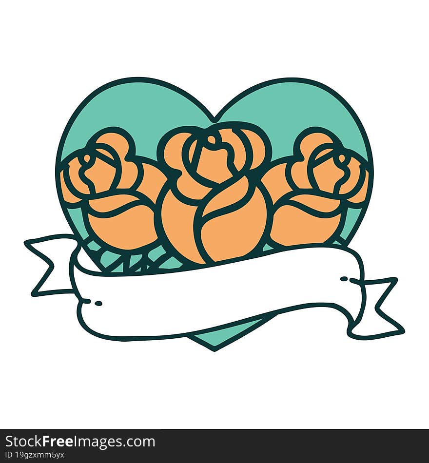 Tattoo Style Icon Of A Heart And Banner With Flowers