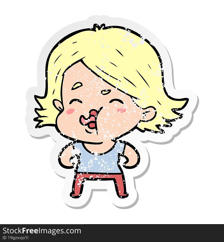 distressed sticker of a cartoon girl pulling face