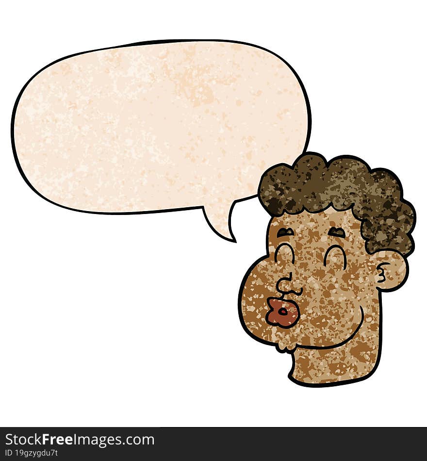 cartoon male face and speech bubble in retro texture style