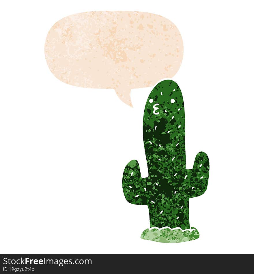 cartoon cactus and speech bubble in retro textured style