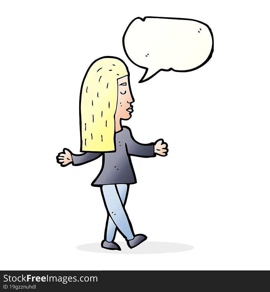 cartoon woman shrugging shoulders with speech bubble