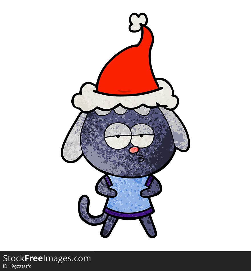 textured cartoon of a bored dog wearing santa hat